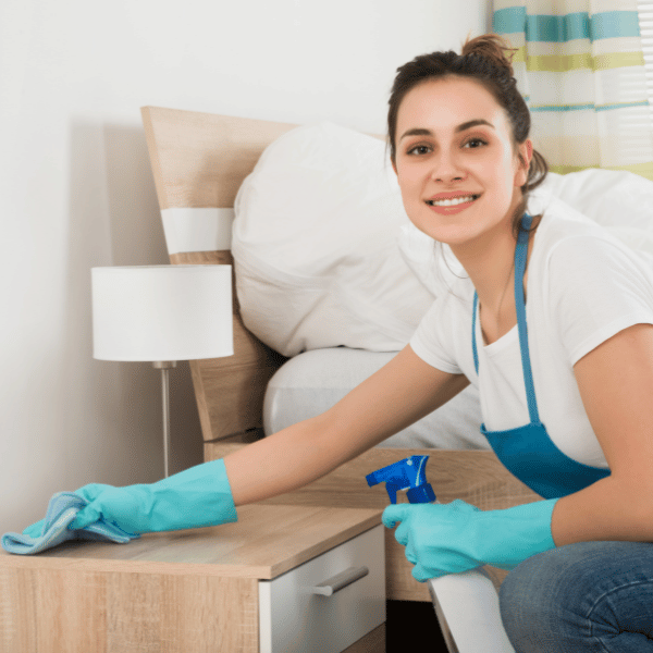 A professional maid wiping down a nightstand.