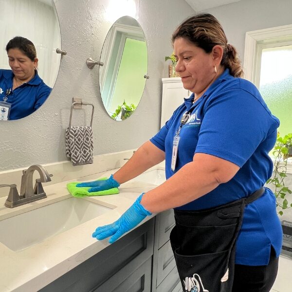 professional house cleaner cleaning bathroom